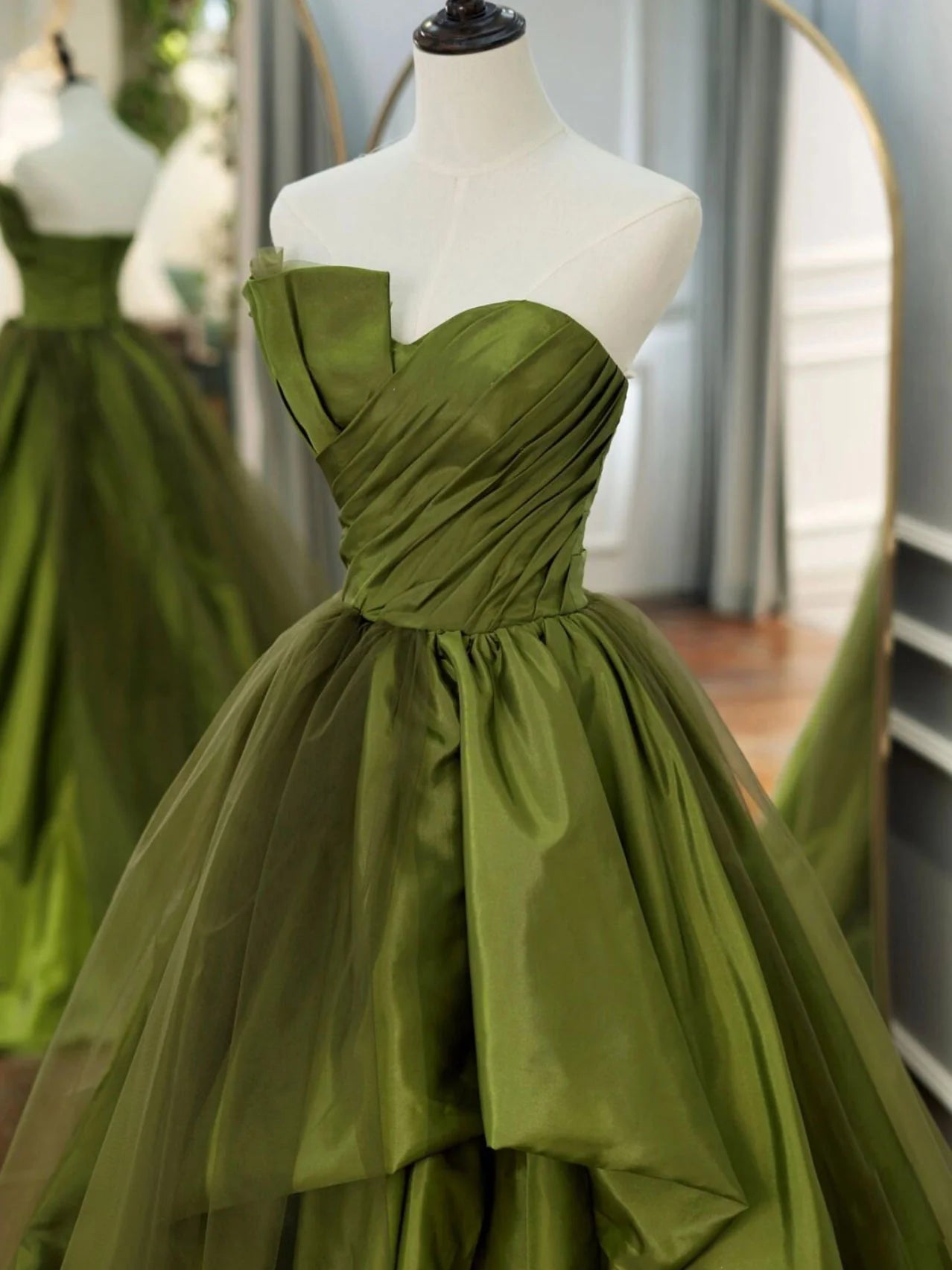 Green Satin Long Prom DressesTulle Green Formal Evening Dresses