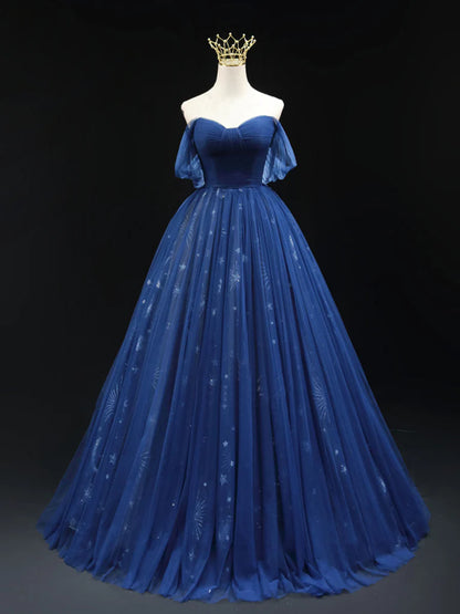 A-Line Off Shoulder Tulle Dark Blue Long Prom Dress