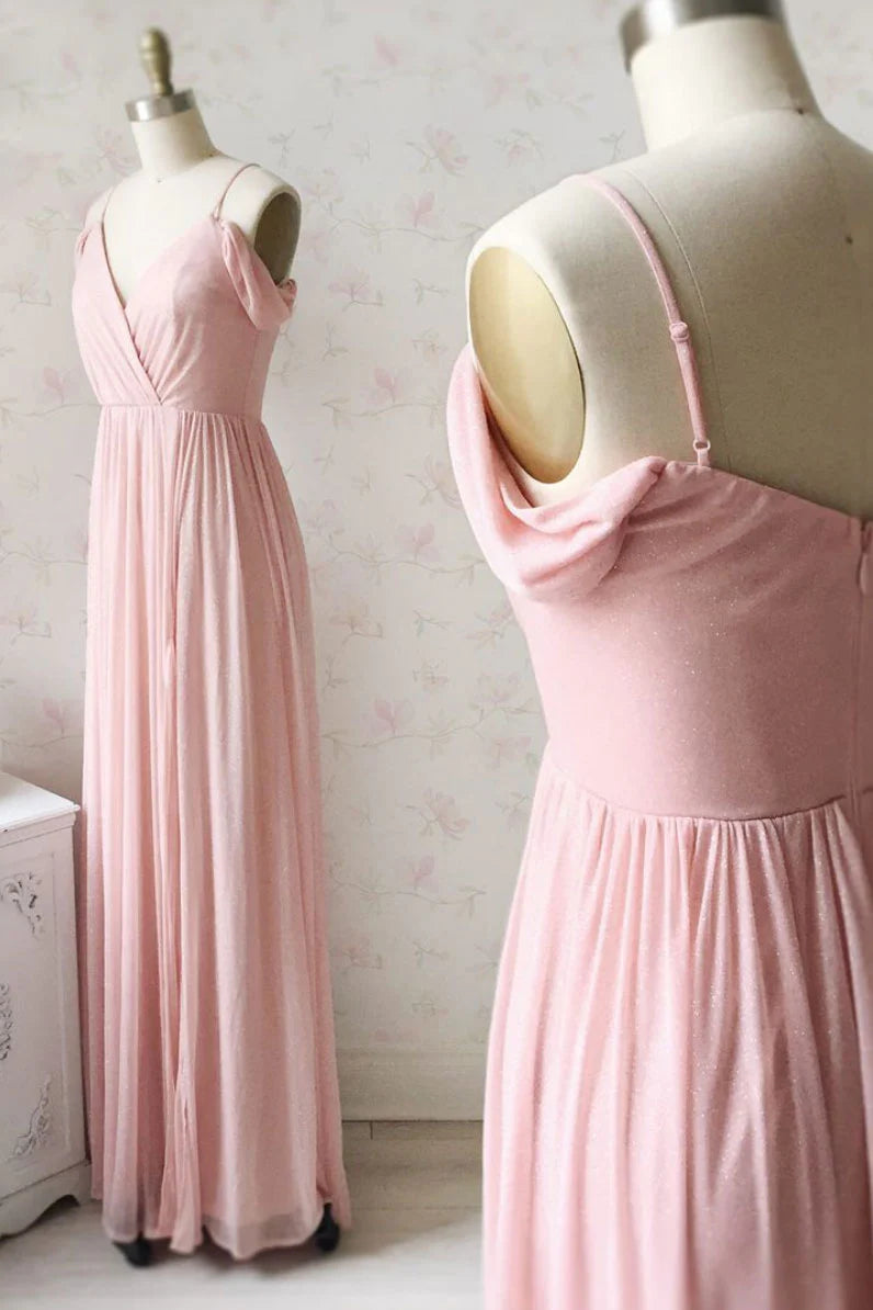 Simple v neck off shoulder pink prom dress pink bridesmaid dress