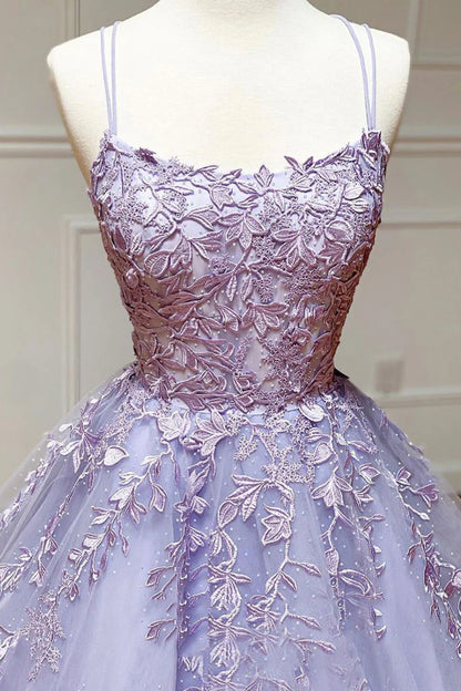 Purple tulle lace long prom dress purple lace formal dress