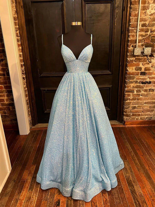 Simple blue v neck sequin long prom dress