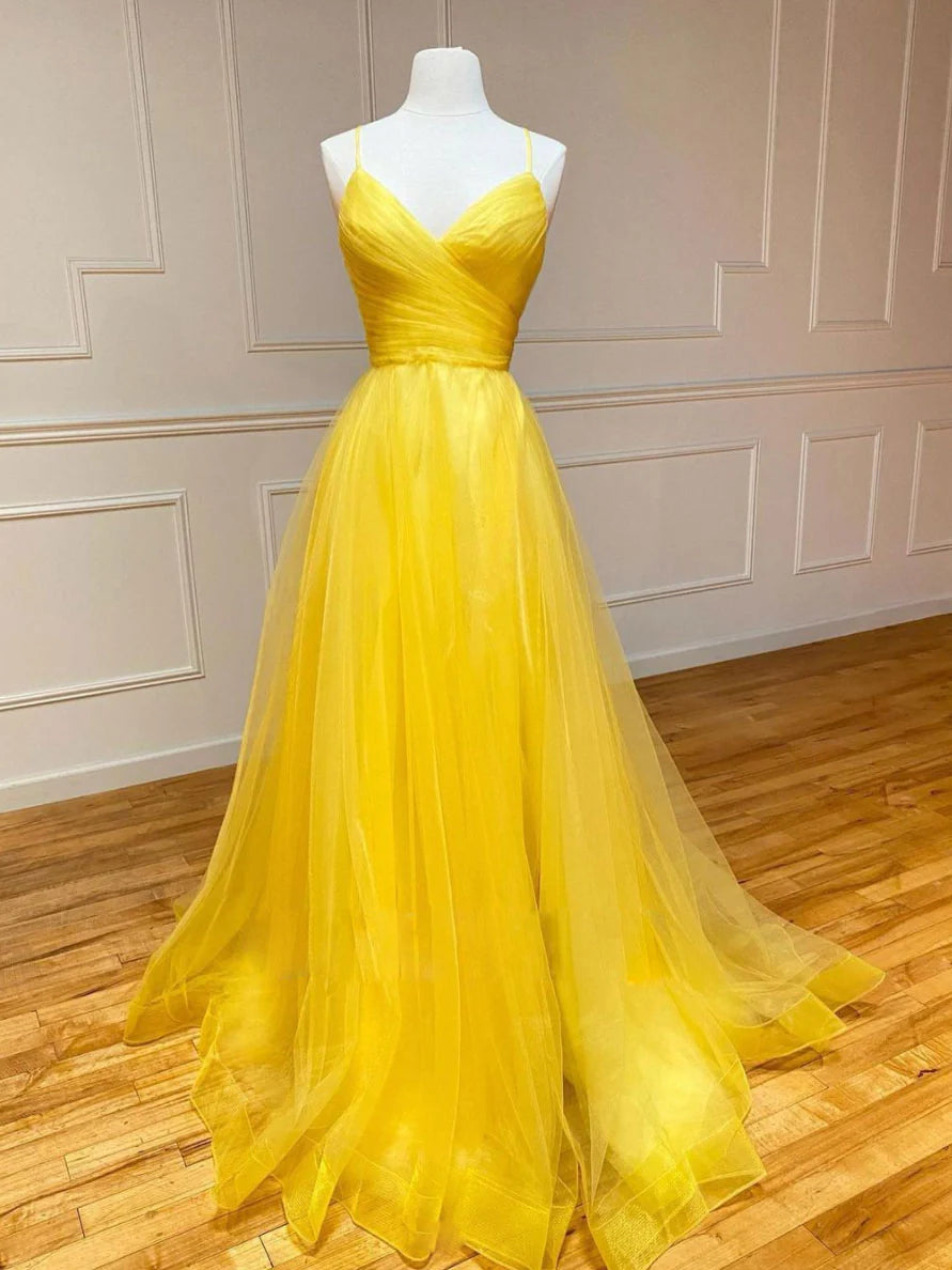 Yellow sweetheart tulle long prom dress yellow evening dress