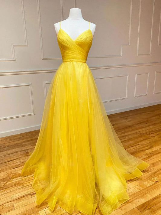 Yellow sweetheart tulle long prom dress yellow evening dress