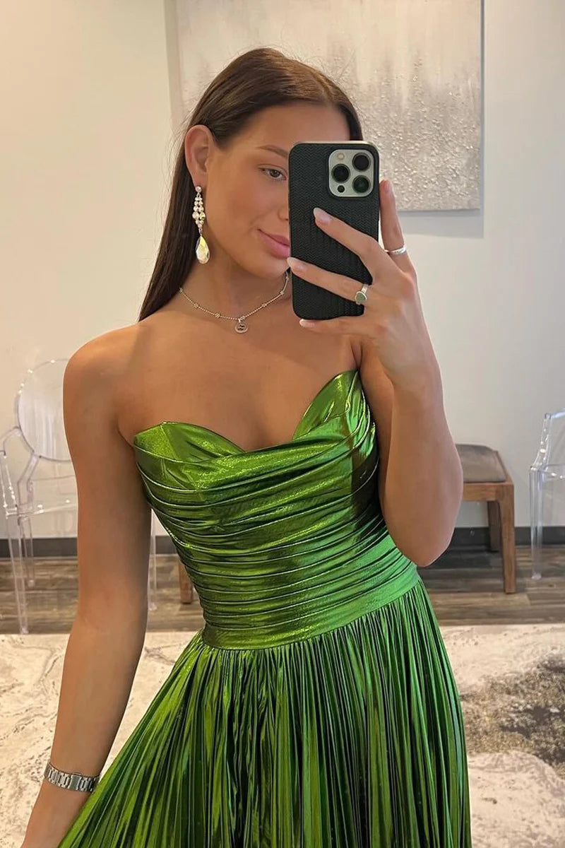 Green Strapless Pleated A-Line Long Prom Dresses