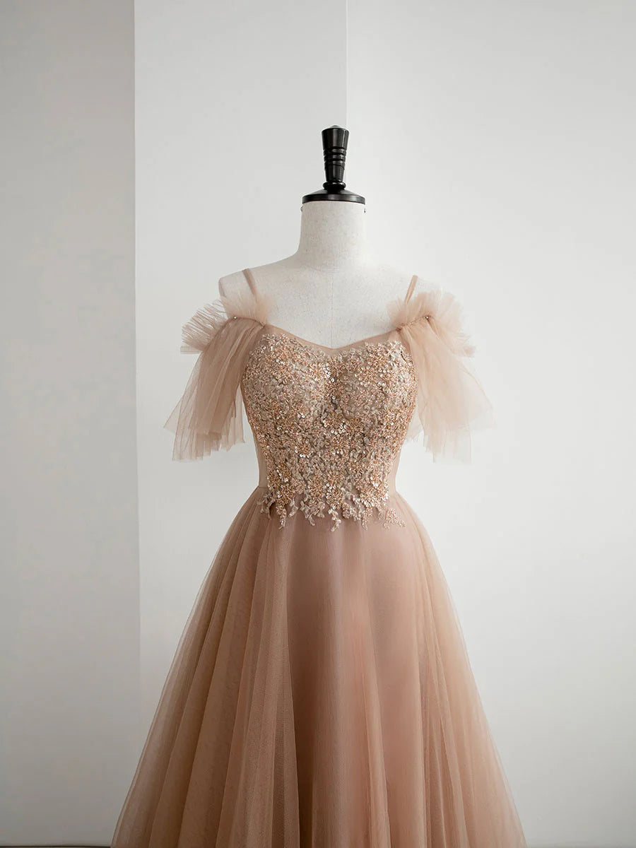 Champagne A line tulle lace long prom dress champagne evening dress