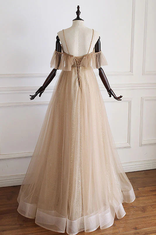 Champagne tulle off shoulder long prom dress champagne evening dress