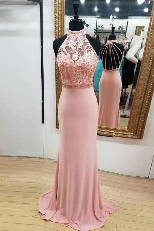 Pink mermaid lace long prom dress pink mermaid evening dress