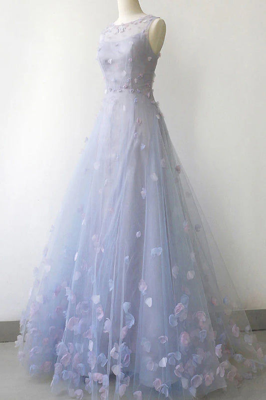 Simple round neck tulle long prom dress gray tulle evening dress