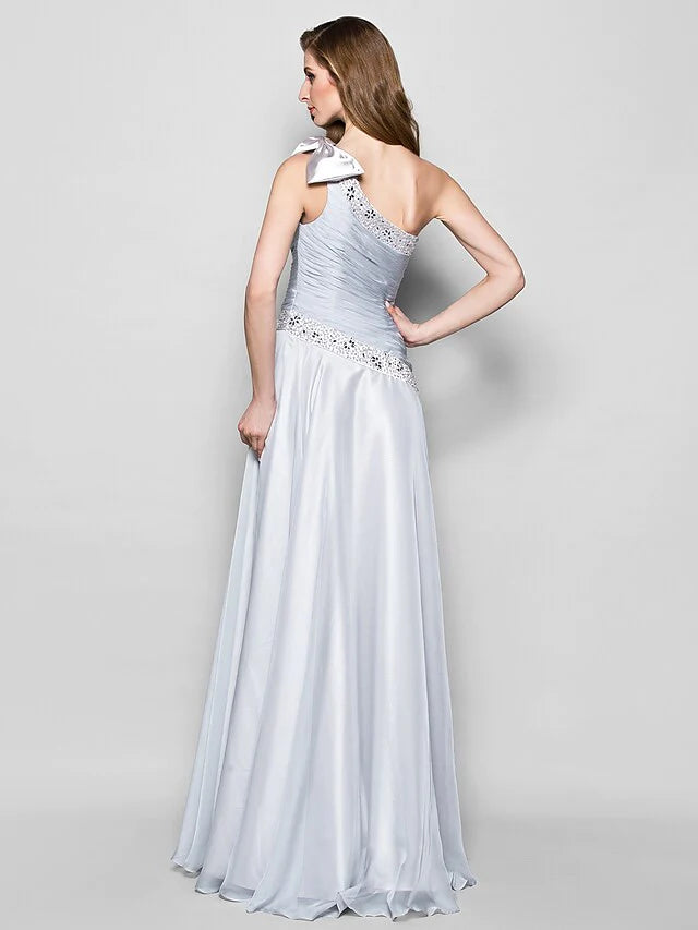 A-Line Mother of the Bride Dress Elegant One Shoulder Floor Length Chiffon Sleeveless with Bow(s) Crystals Beading