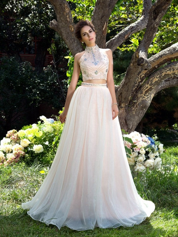 A-Line/Princess High Neck Beading Sleeveless Long Net Two Piece Dresses