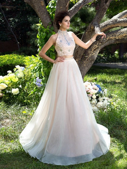 A-Line/Princess High Neck Beading Sleeveless Long Net Two Piece Dresses