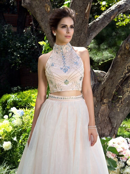 A-Line/Princess High Neck Beading Sleeveless Long Net Two Piece Dresses