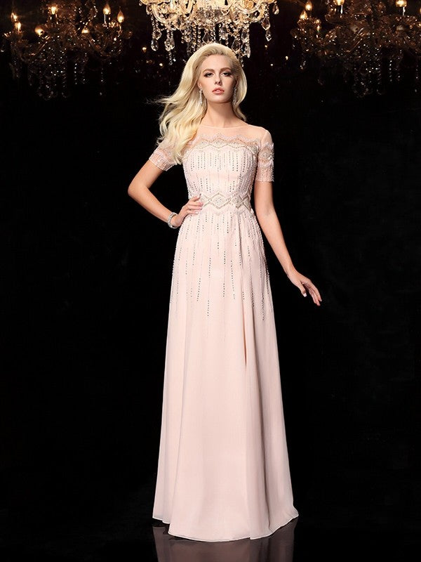 A-Line/Princess Bateau Beading Short Sleeves Long Chiffon Dresses