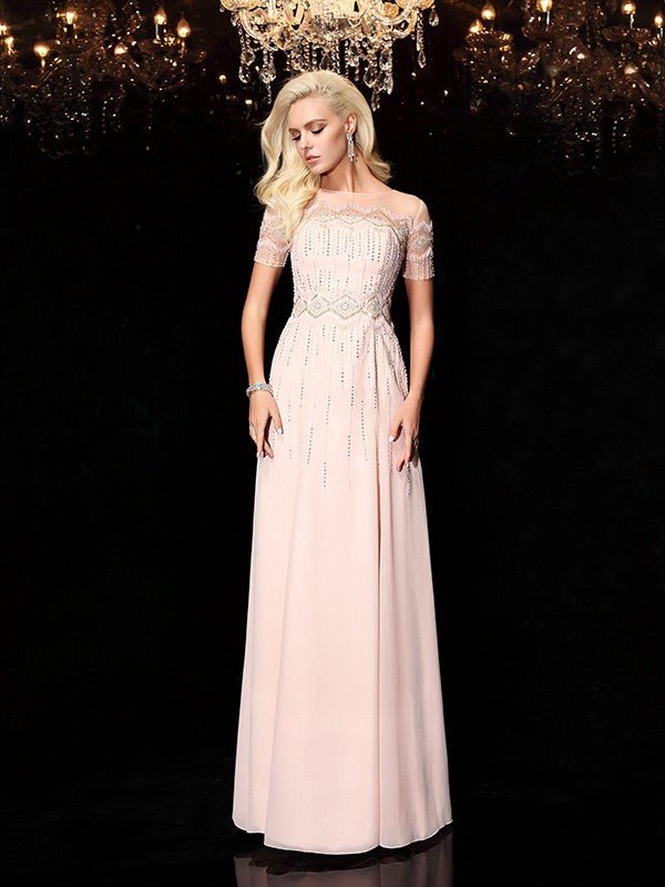 A-Line/Princess Bateau Beading Short Sleeves Long Chiffon Dresses