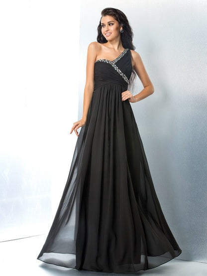 A-Line/Princess One-Shoulder Beading Sleeveless Long Chiffon Dresses