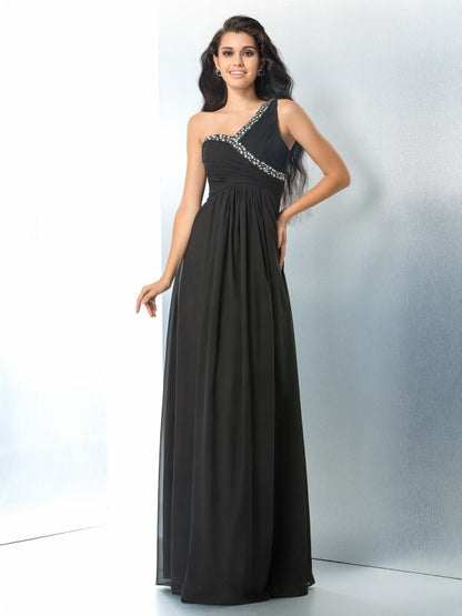 A-Line/Princess One-Shoulder Beading Sleeveless Long Chiffon Dresses