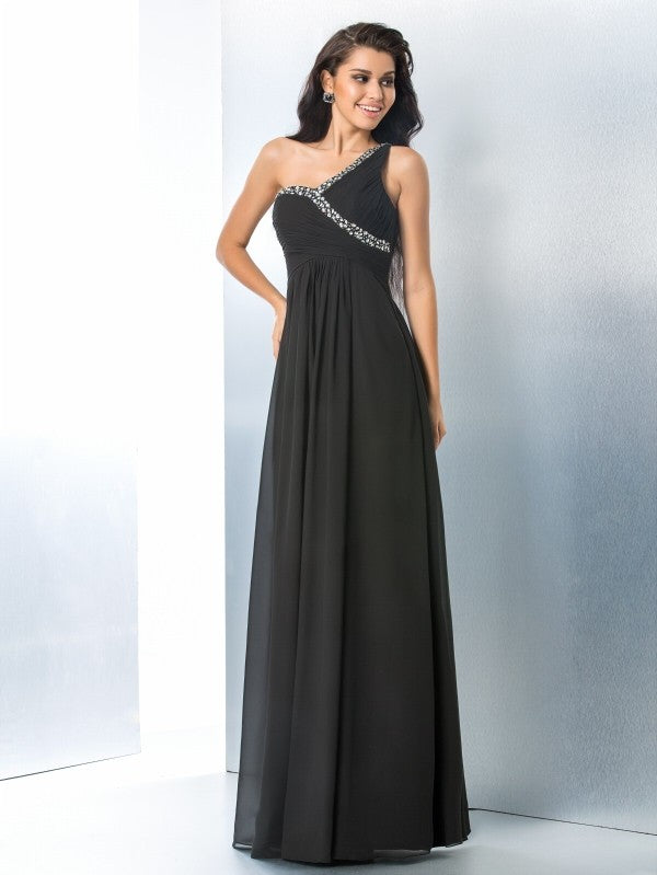 A-Line/Princess One-Shoulder Beading Sleeveless Long Chiffon Dresses