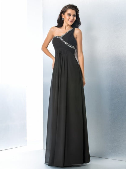 A-Line/Princess One-Shoulder Beading Sleeveless Long Chiffon Dresses