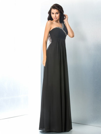 A-Line/Princess One-Shoulder Beading Sleeveless Long Chiffon Dresses