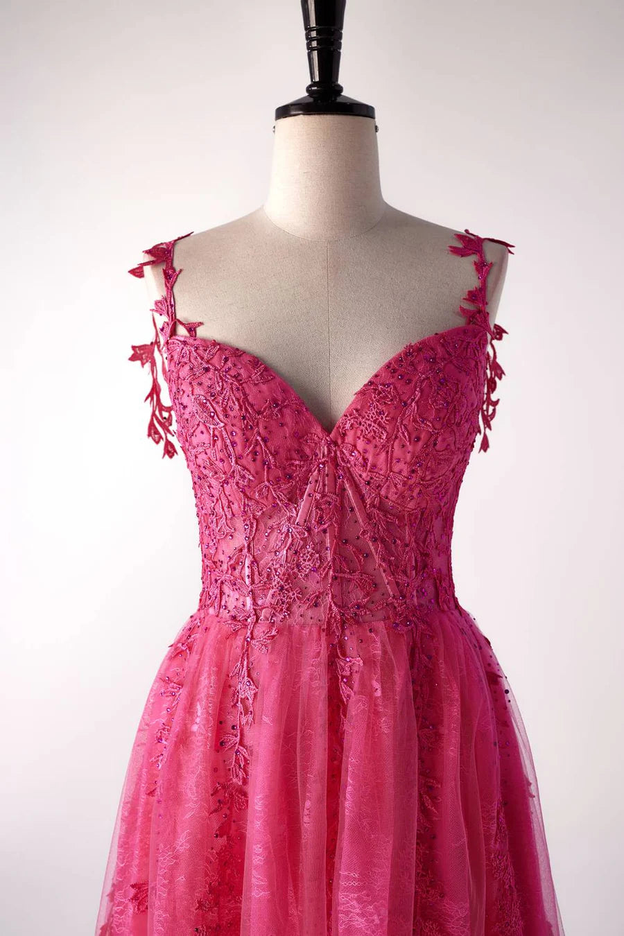 Off the Shoulder Hot Pink Lace A-line Prom Dress