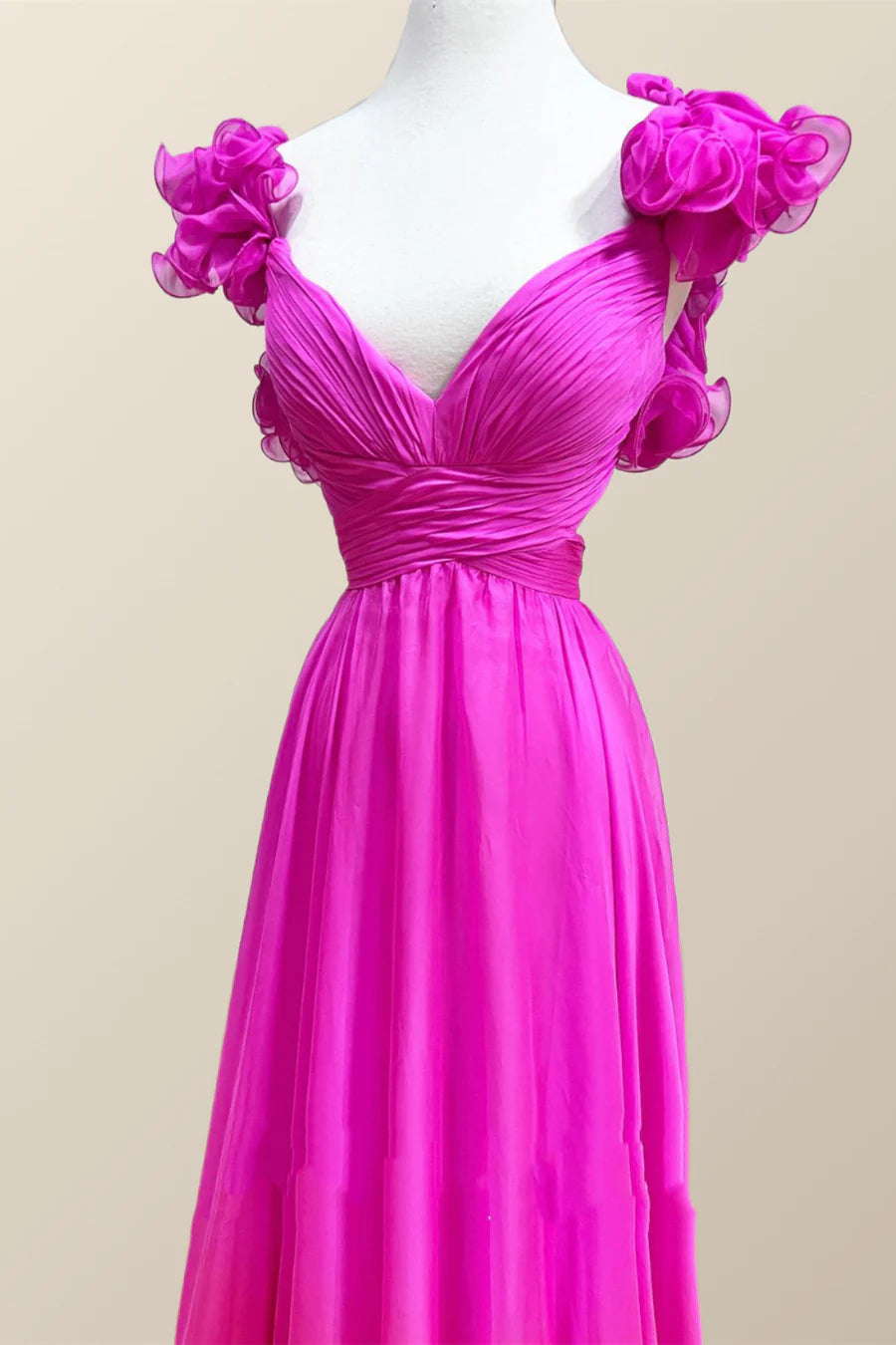 Ruffle Straps Fuchsia Pleated A-line Prom Dress