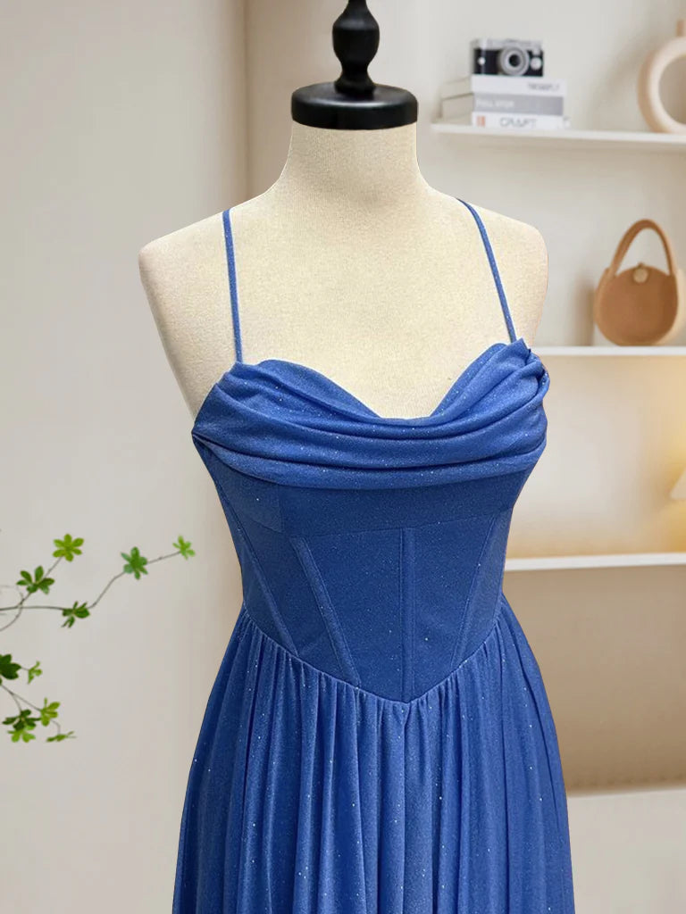 Sweetheart Neck Blue Long Prom Dress Backless Blue Long Evening Dress