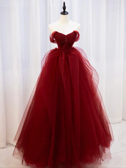 Burgundy sweetheart neck tulle lace beads long prom dress burgundy evening dress