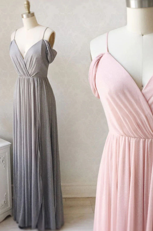 Simple v neck off shoulder pink prom dress pink bridesmaid dress