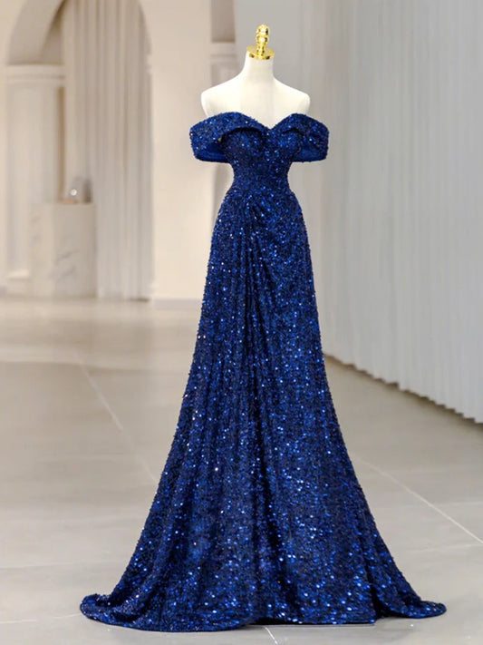 Velvet Sequin Long Prom Dress Blue Formal Dress