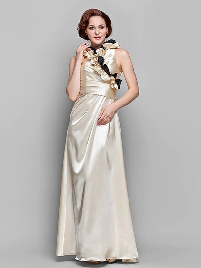 A-Line Mother of the Bride Dress Wrap Included V Neck Floor Length Stretch Satin Length Sleeve with Ruffles Side Draping