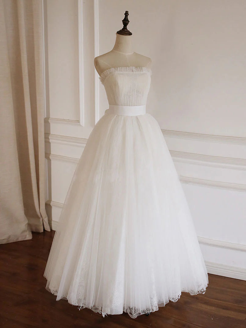 White A-Line Tulle Lace Long Prom Dress