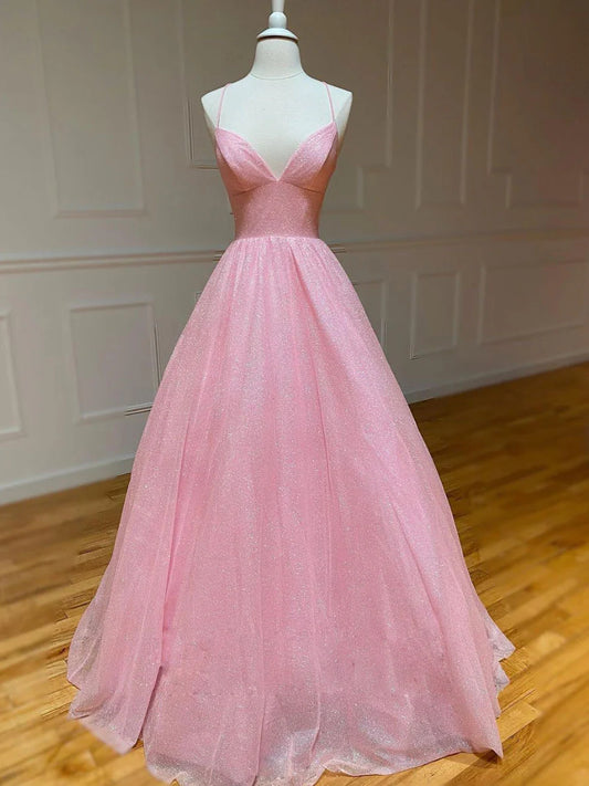 Pink A-line v neck tulle long prom dress pink evening dress