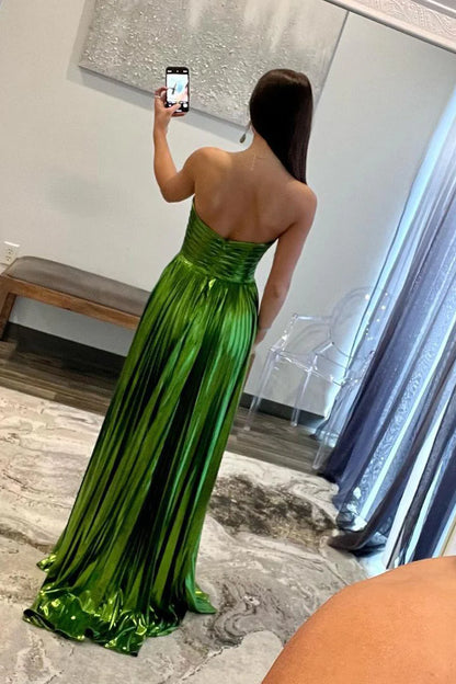 Green Strapless Pleated A-Line Long Prom Dresses