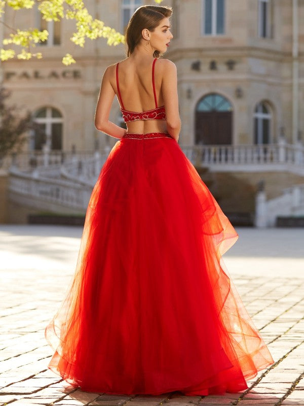 A-Line/Princess Spaghetti Straps Sleeveless Floor-Length Beading Tulle Two Piece Dresses