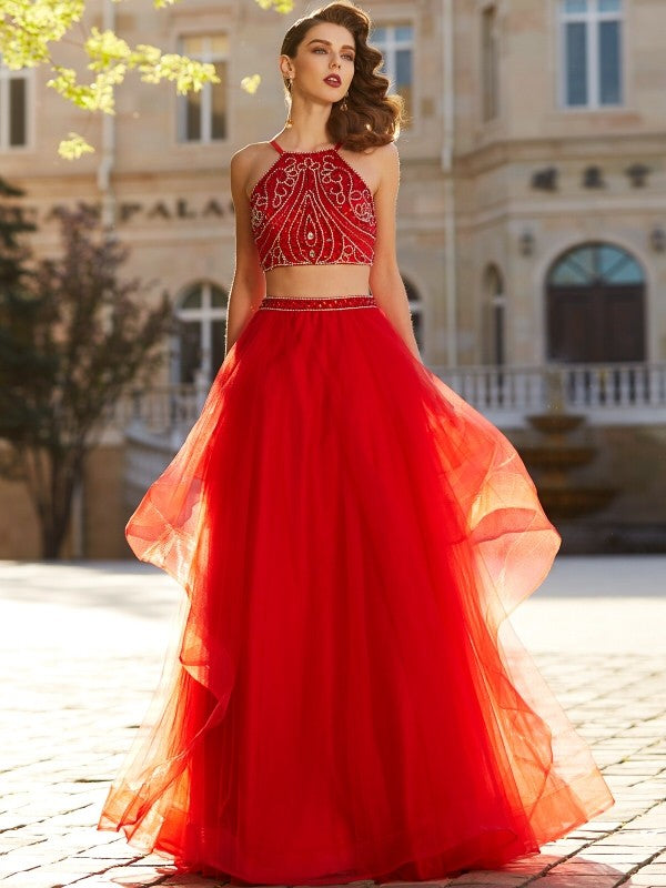 A-Line/Princess Spaghetti Straps Sleeveless Floor-Length Beading Tulle Two Piece Dresses