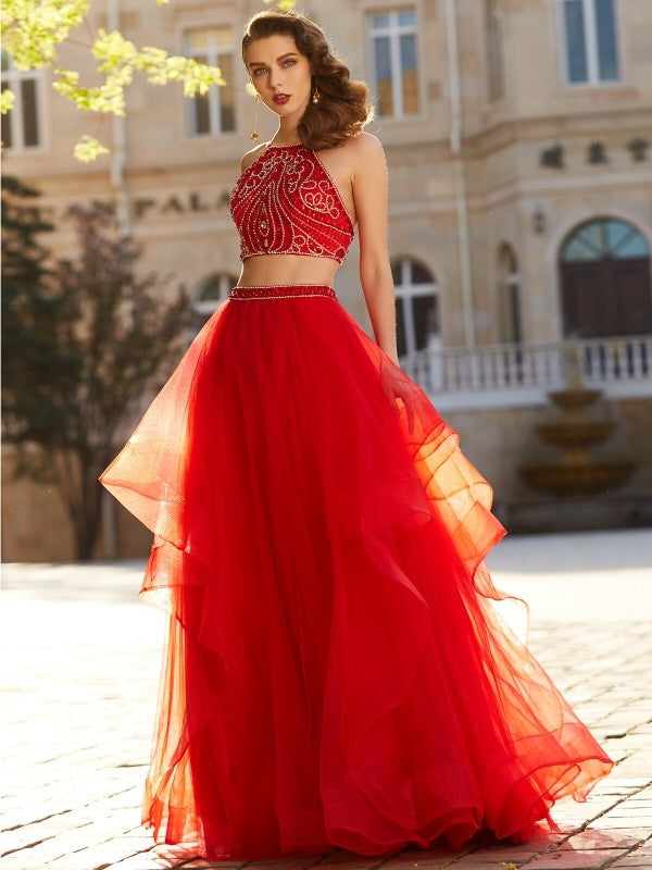 A-Line/Princess Spaghetti Straps Sleeveless Floor-Length Beading Tulle Two Piece Dresses