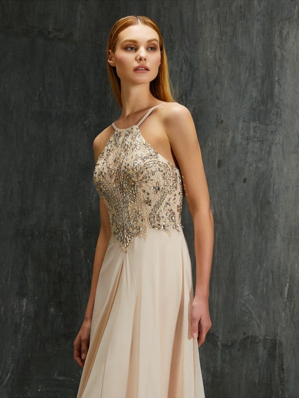 A-line/Princess Spaghetti Straps Sleeveless Beading Sweep/Brush Train Chiffon Dresses