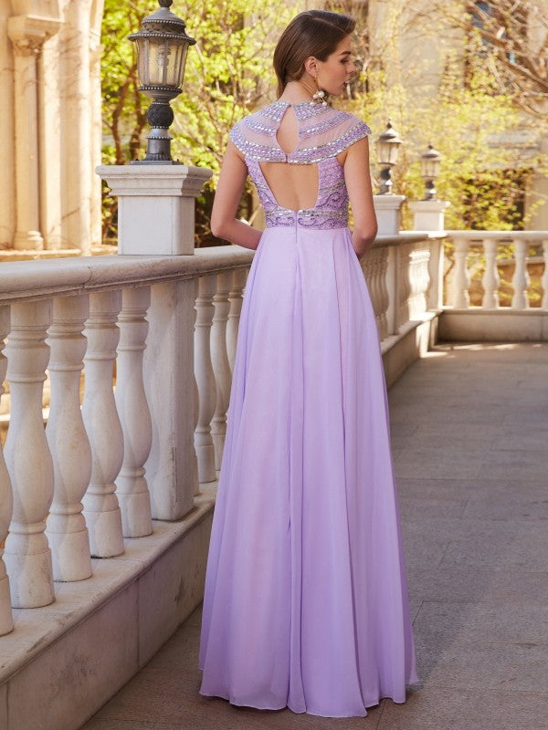 A-Line/Princess Scoop Short Sleeves Floor-Length Beading Chiffon Dresses