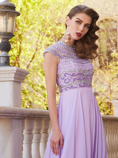 A-Line/Princess Scoop Short Sleeves Floor-Length Beading Chiffon Dresses