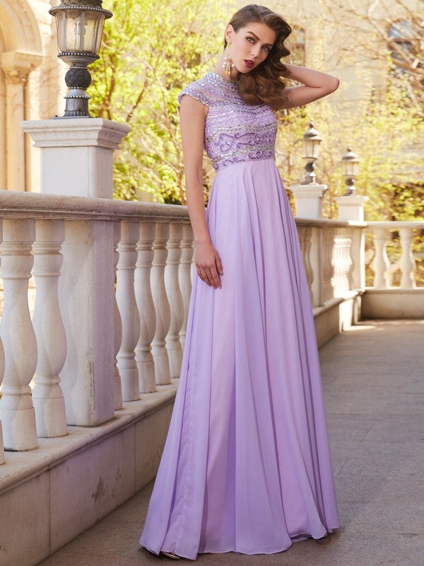 A-Line/Princess Scoop Short Sleeves Floor-Length Beading Chiffon Dresses