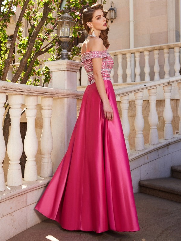 A-Line/Princess Off-the-Shoulder Beading Sleeveless Satin Floor-Length Two Piece Dresses