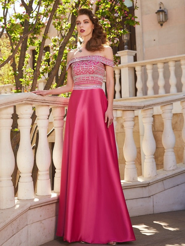 A-Line/Princess Off-the-Shoulder Beading Sleeveless Satin Floor-Length Two Piece Dresses