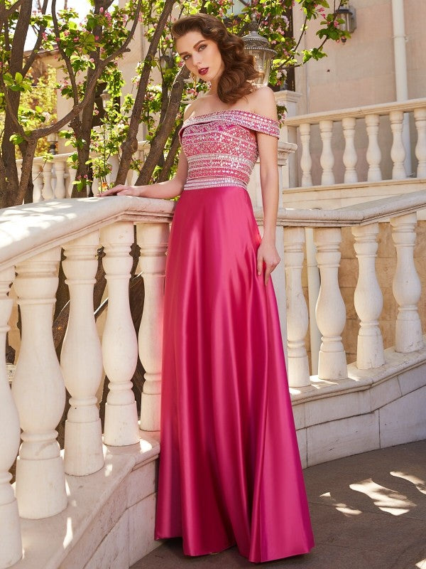 A-Line/Princess Off-the-Shoulder Beading Sleeveless Satin Floor-Length Two Piece Dresses