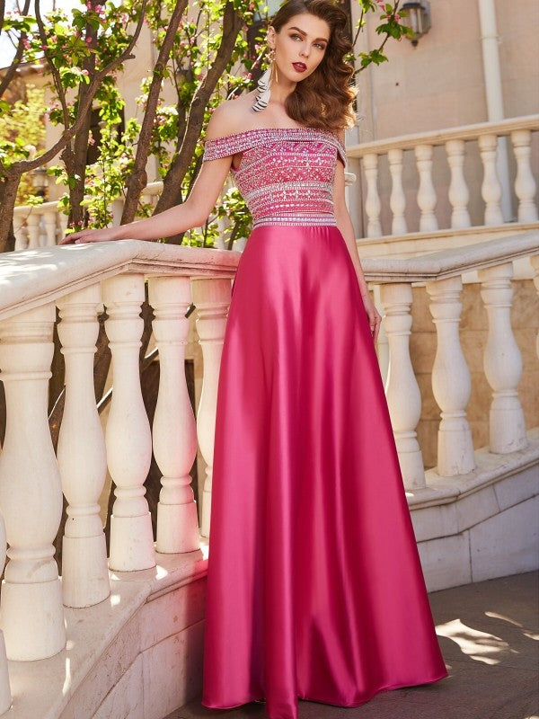 A-Line/Princess Off-the-Shoulder Beading Sleeveless Satin Floor-Length Two Piece Dresses