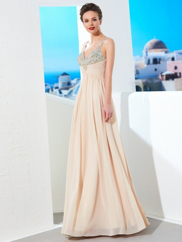 A-Line/Princess Spaghetti Straps Beading Floor-Length Chiffon Dresses