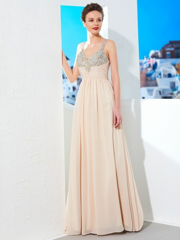 A-Line/Princess Spaghetti Straps Beading Floor-Length Chiffon Dresses