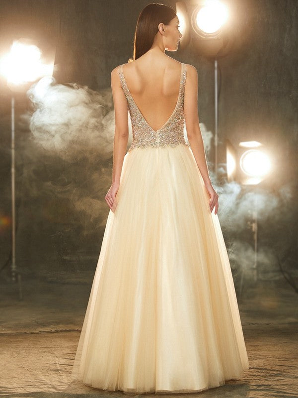 Ball Gown V-neck Sleeveless Beading Floor-length Tulle Dresses