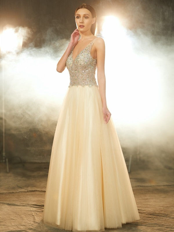 Ball Gown V-neck Sleeveless Beading Floor-length Tulle Dresses