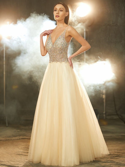 Ball Gown V-neck Sleeveless Beading Floor-length Tulle Dresses