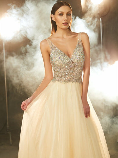 Ball Gown V-neck Sleeveless Beading Floor-length Tulle Dresses